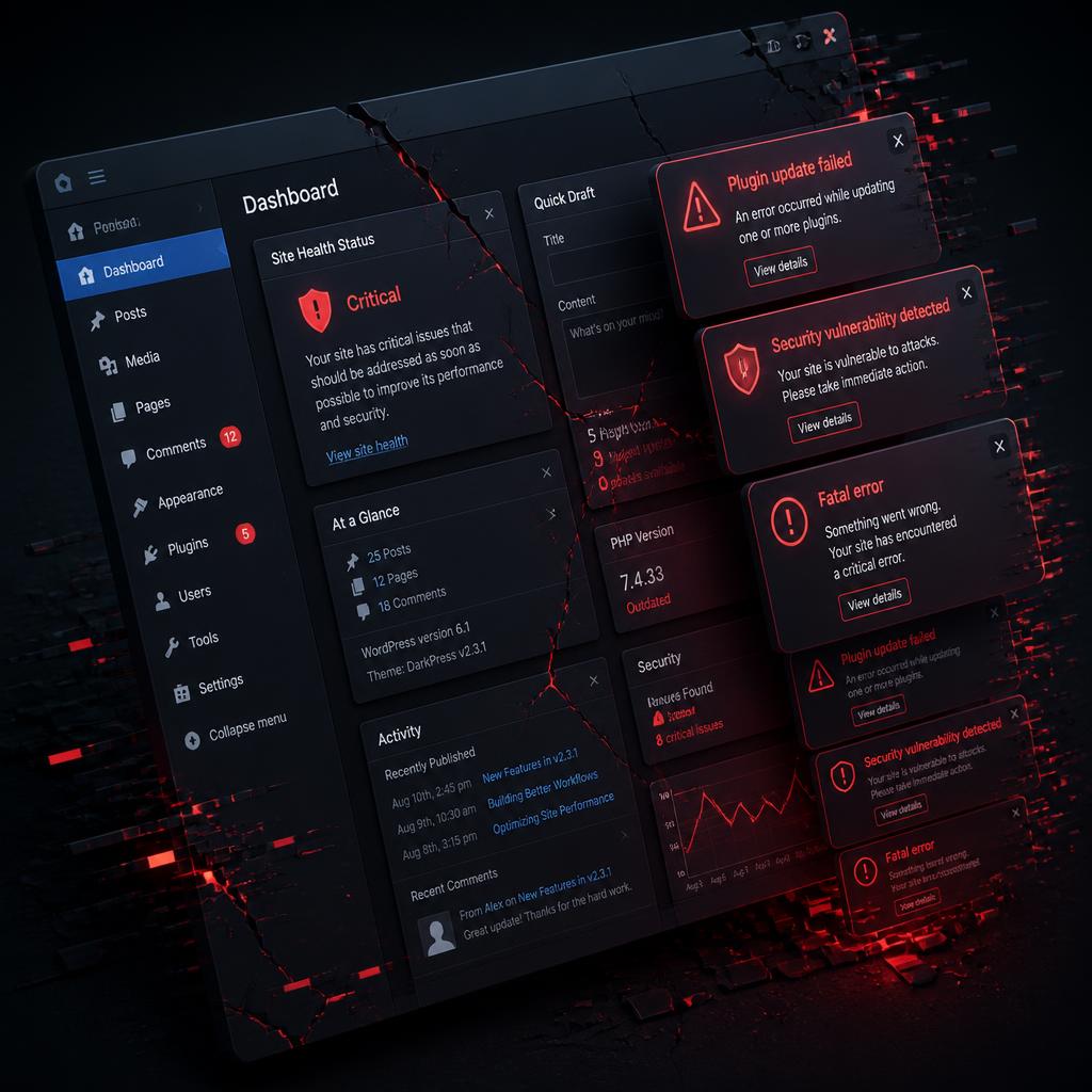 Lightning striking a fractured WordPress dashboard