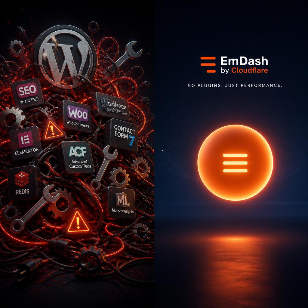 Tangled WordPress cables next to a clean glowing EmDash orb